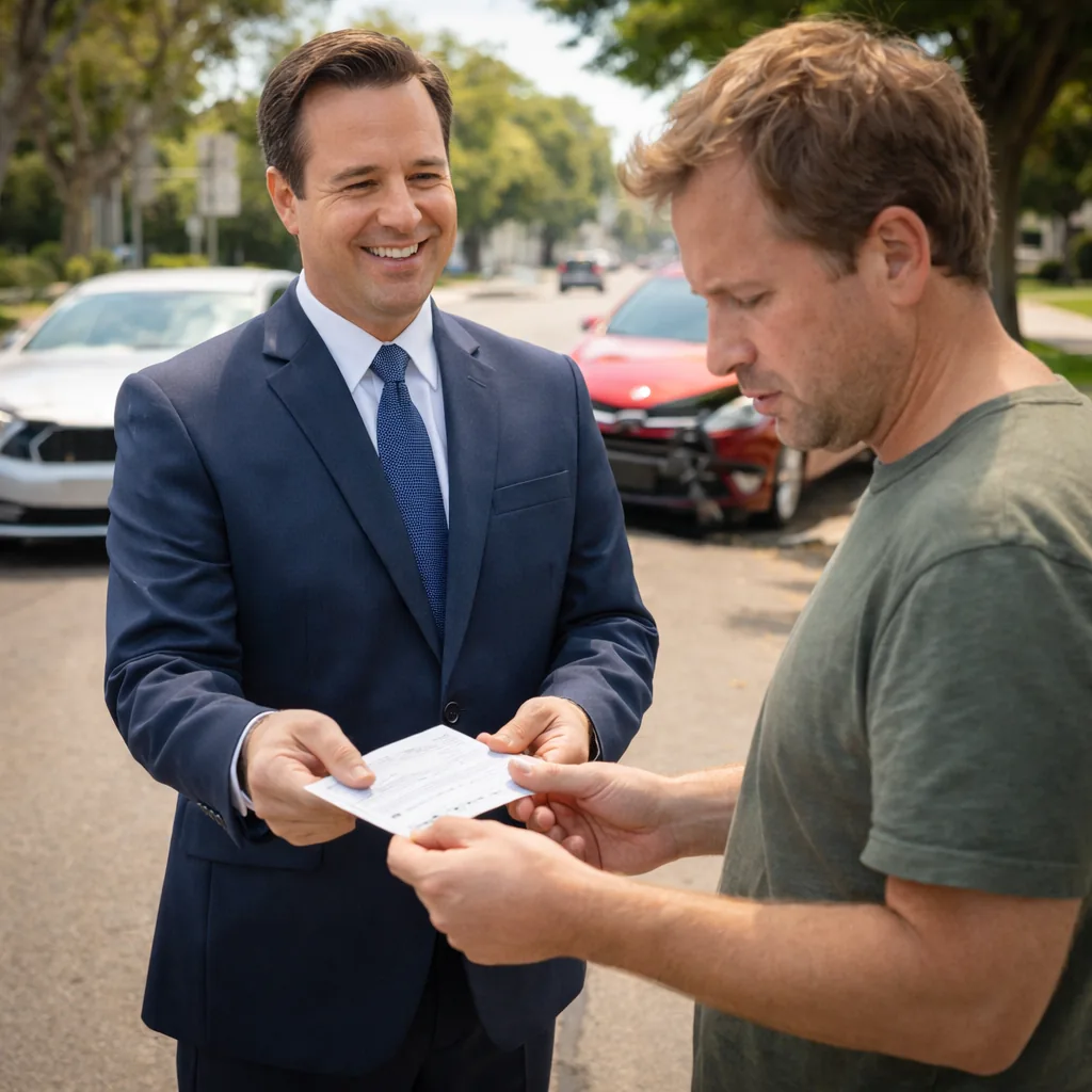 A cheerful insurance agent hands a driver a check with an unchanged smile — metaphor for AAA's undisclosed UIM offset reducing policyholders' payouts