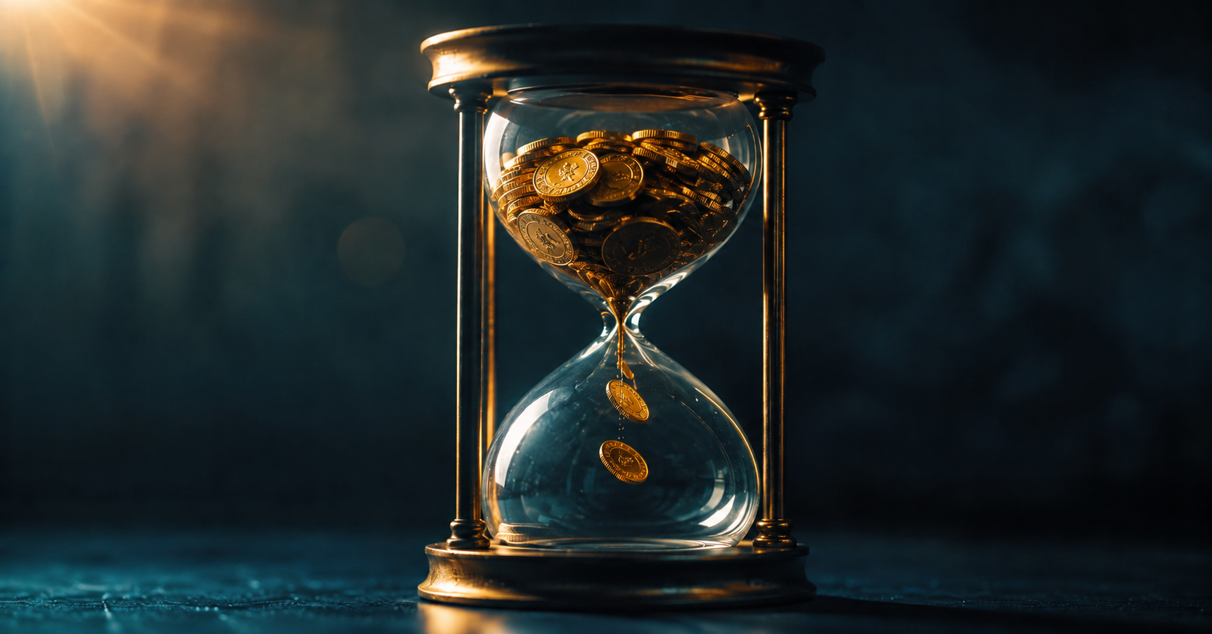 A gold hourglass with coins draining through it against a dark cinematic background — time running out on your refund window.