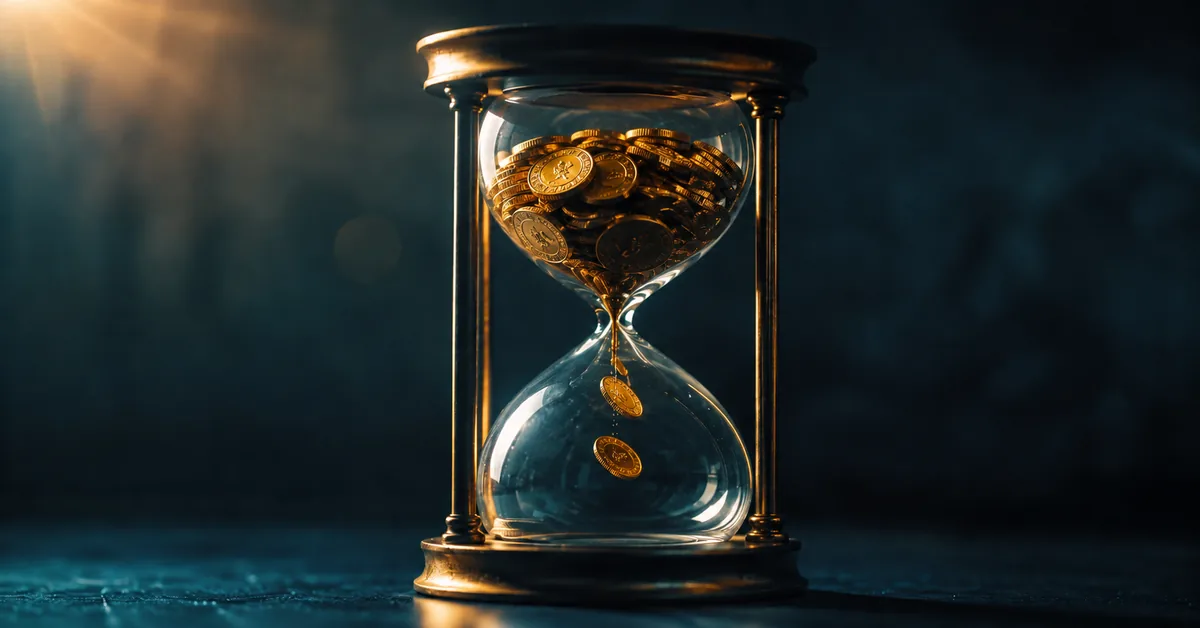A gold hourglass with coins draining through it against a dark cinematic background — time running out on your refund window.