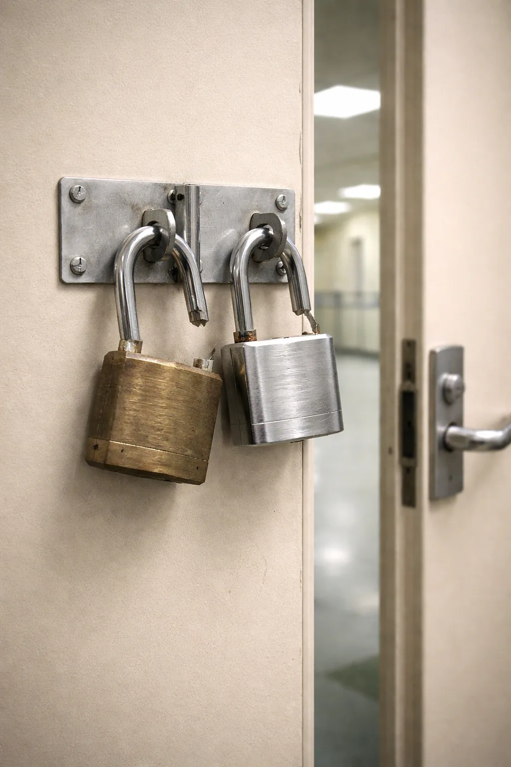 Two broken padlocks on a medical facility door — metaphor for McLaren Health Care's two separate data breaches in 2023 and 2024