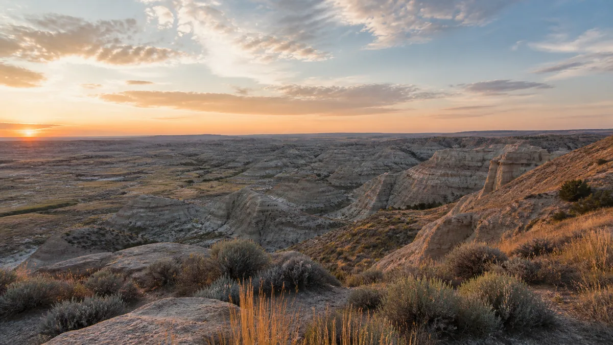 Golden afternoon light across the eastern Montana badlands, a pine tree and picnic table in the foreground