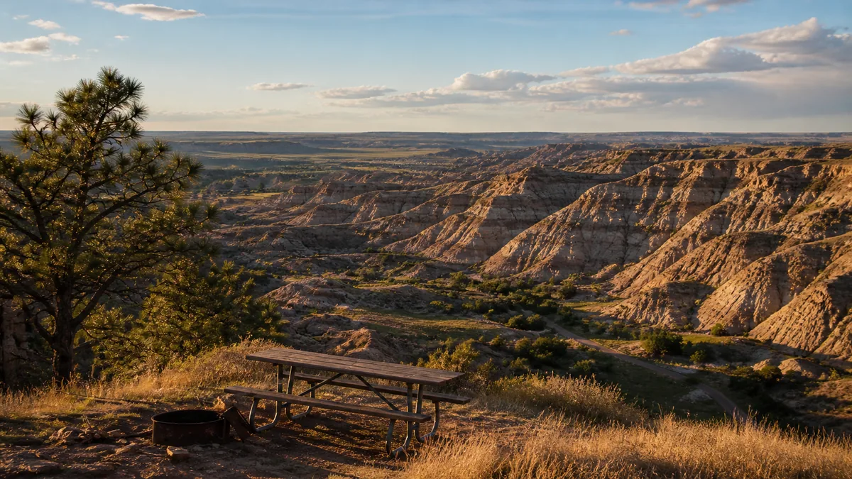 Twilight over the Montana badlands — hoodoo rock formations silhouetted against a deep blue dusk sky with the first star emerging