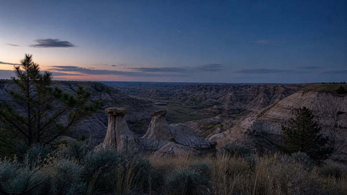Sunset over the eastern Montana badlands — layered canyon ridges glowing amber and gold beneath a wide open sky
