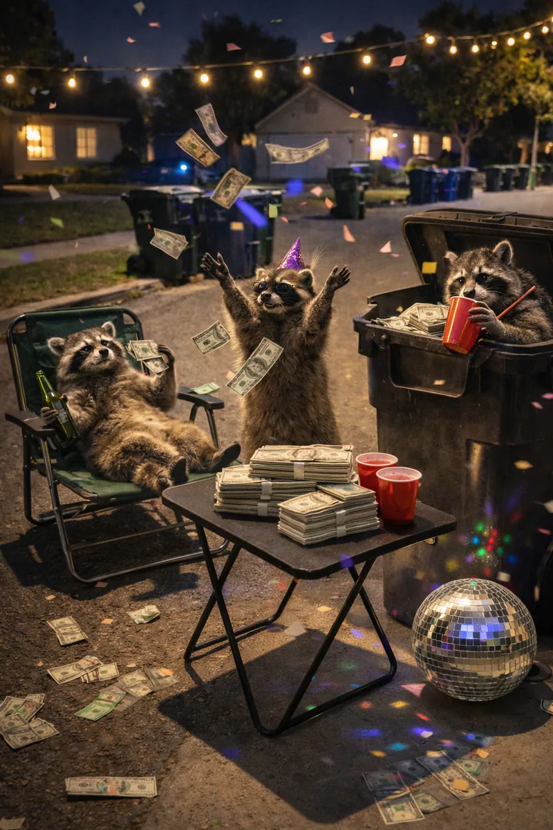 Raccoons reviewing invoices in a suburban neighborhood — metaphor for BFI Waste Services quietly overcharging customers beyond their contractual rate cap
