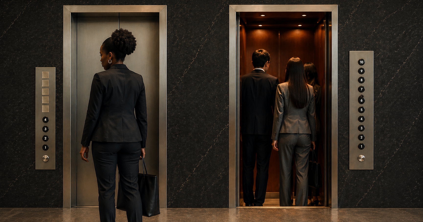 A Black woman in a suit stands at a closed elevator while colleagues enter the adjacent one — illustrating workplace exclusion.