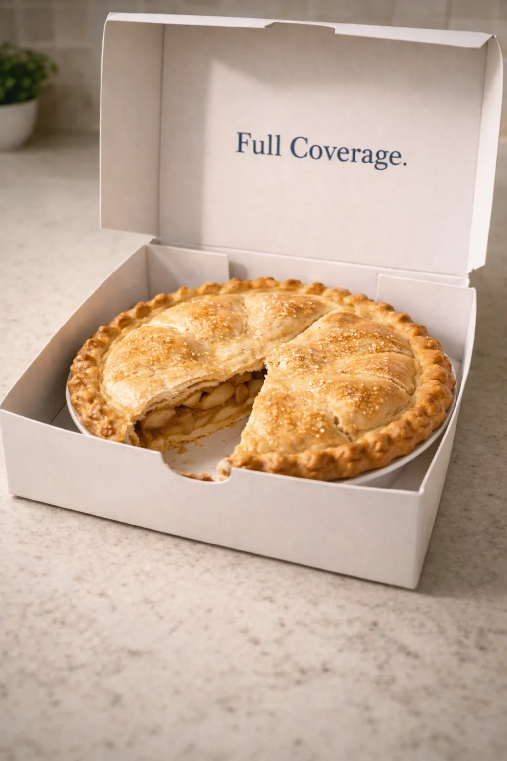 A pie in a box labeled Full Coverage with one slice already missing — metaphor for Liberty Mutual quietly reducing New Mexico UIM payouts without disclosure