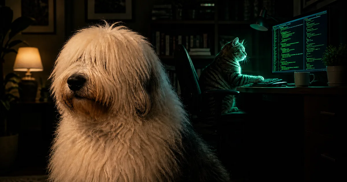 An oblivious Old English Sheepdog sits in the foreground while a cat hacks on a glowing computer in the background — a metaphor for Comcast's data breach