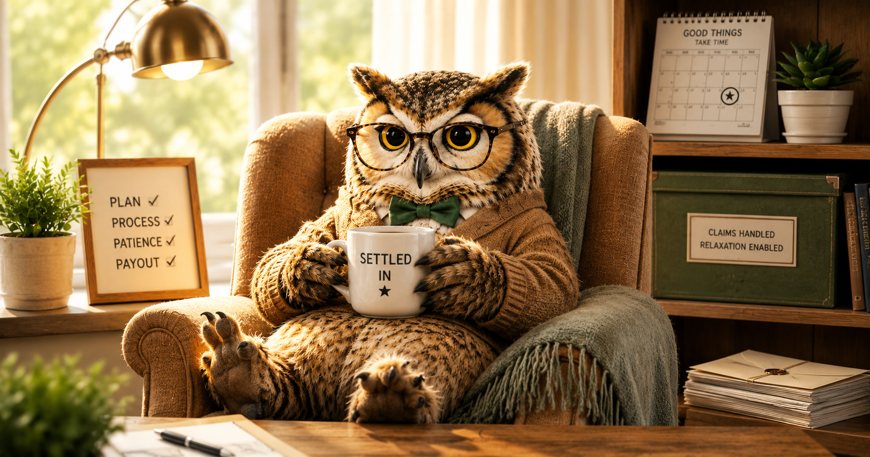 An illustrated owl at a desk organizing settlement claim folders, calendar reminders, and confirmation emails.