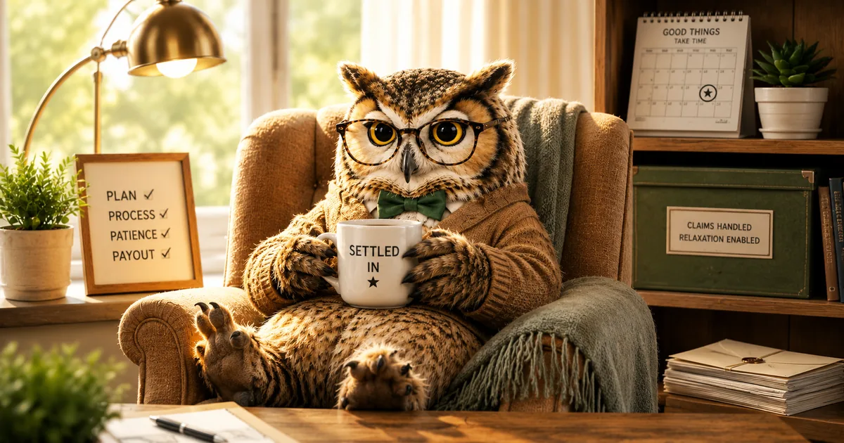 An illustrated owl at a desk organizing settlement claim folders, calendar reminders, and confirmation emails.