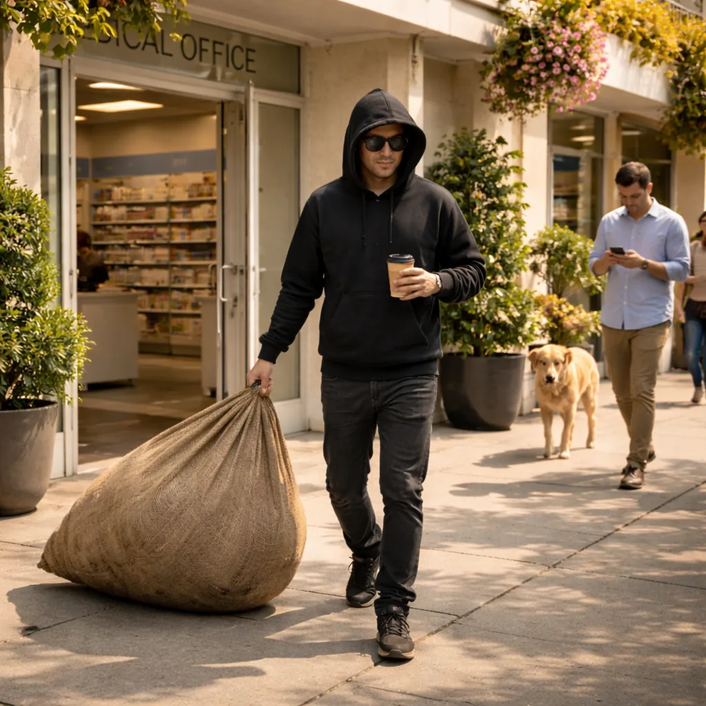 A figure in a hoodie casually strolling away from a medical office carrying an oversized bag — metaphor for the PharMerica ransomware breach by Money Message