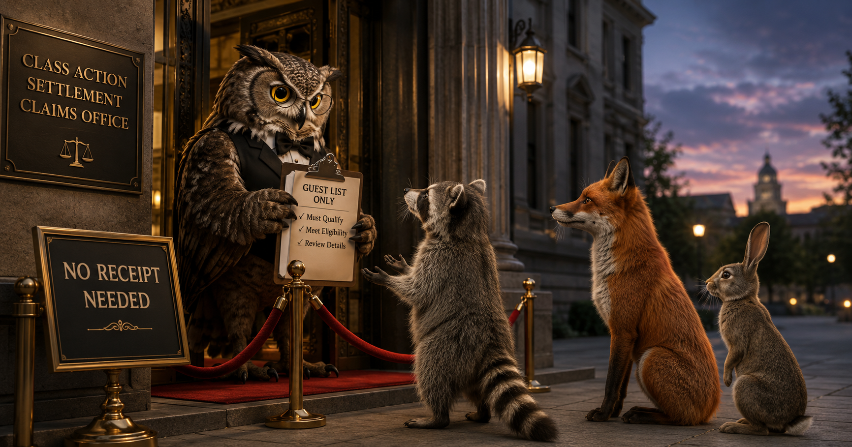 An owl checks a settlement claims guest list while animals wait beside a no receipt needed sign.