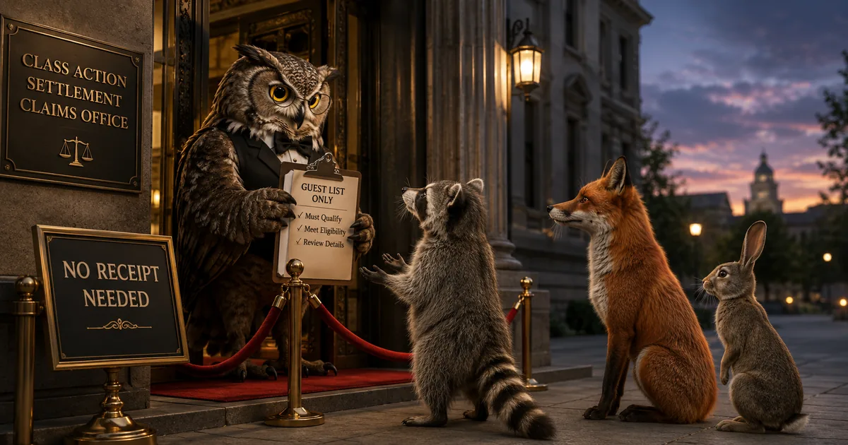 An owl checks a settlement claims guest list while animals wait beside a no receipt needed sign.