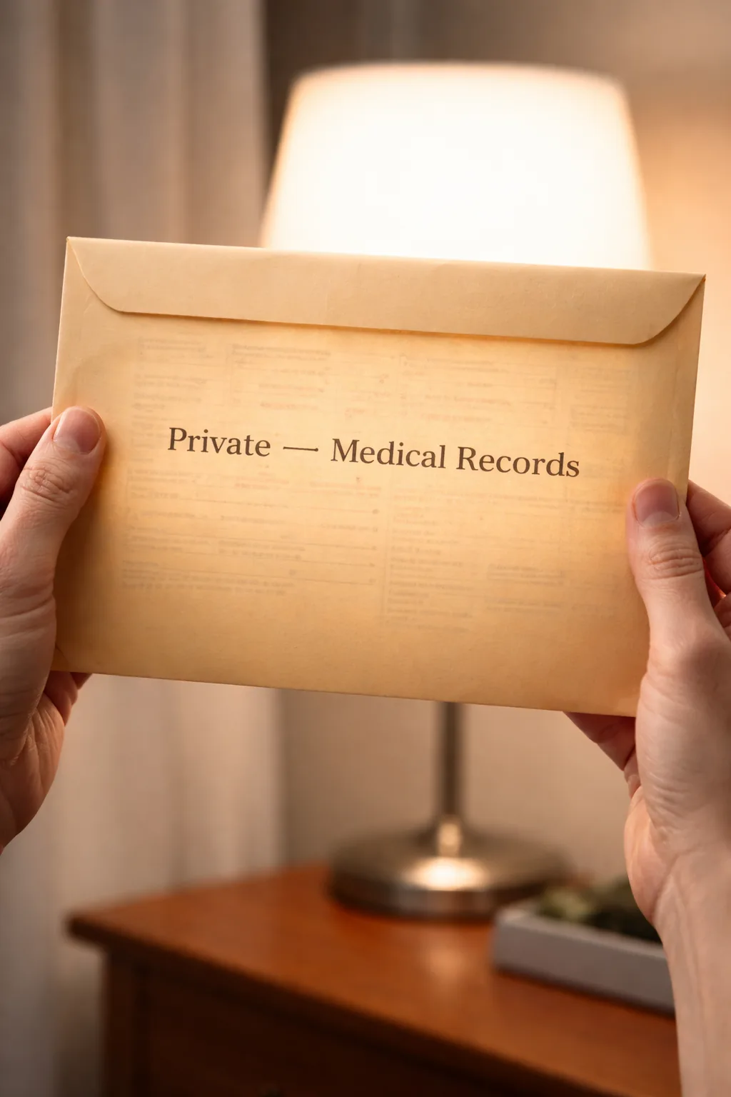 A sealed envelope labeled Private Medical Records held up to a light source — metaphor for Sutter Health's Meta Pixel tracking patients at the login page without consent