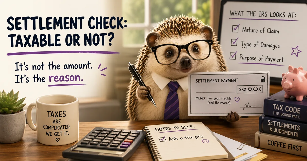 A cartoon duck wearing glasses sits at a desk with a settlement check, a whiteboard showing taxable vs. non-taxable categories, and a stack of tax code books.